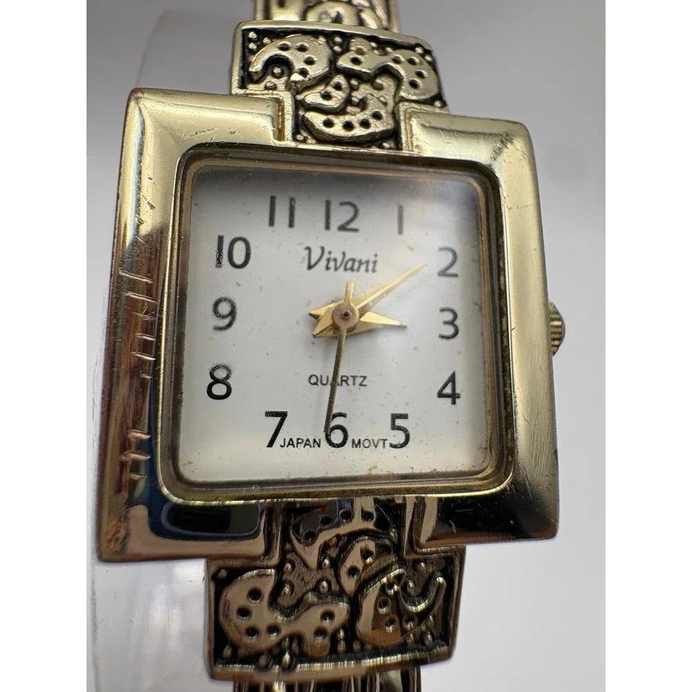 Vintage Vivani Gold-Tone Square Dial Bangle Cuff Watch Japan Movt Ornate Band